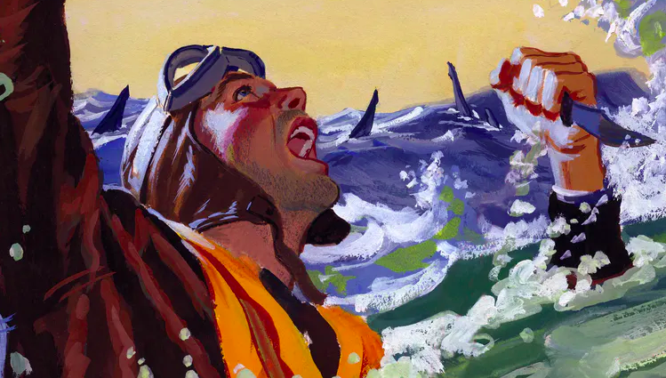 A painting for the U.S. Army’s Stars and Stripes newspaper shows a downed pilot fending off sharks with a knife. Ed Vebell/Getty Images