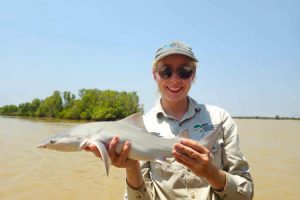 PhD Candidate Julia Constance with a Speartooth shark